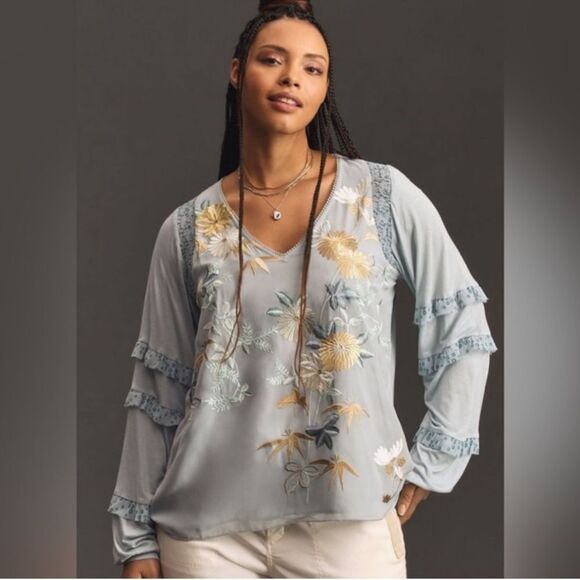 Anthropologie Tops - Anthropologie Tiny Frances Floral Long Sleeve Ruffle Blouse Blue Motif Size Larg